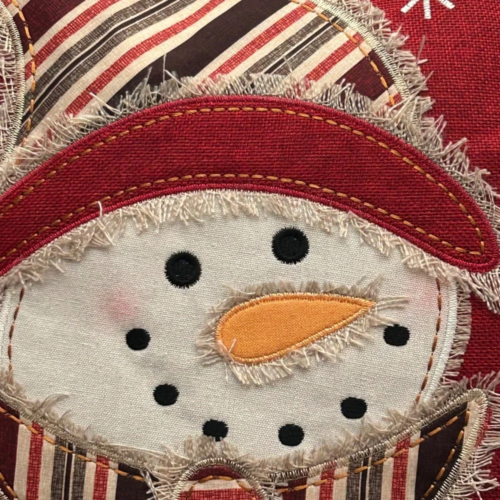Christmas Snowman Throw Pillow 16x16 Rustic Applique Embroidered Holiday Decor